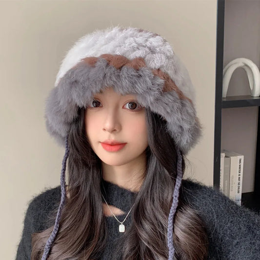 Gorro de punto de piel de conejo para mujer | Gorro lindo y cálido con orejeras
