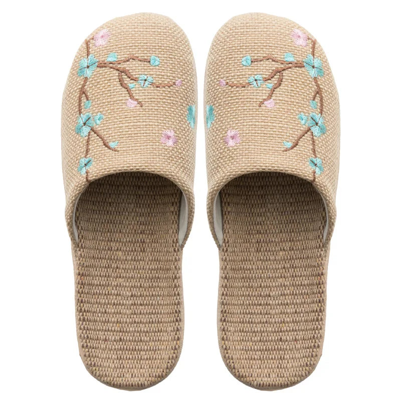 Cozy Indoor Embroidered Linen Slippers for Couples