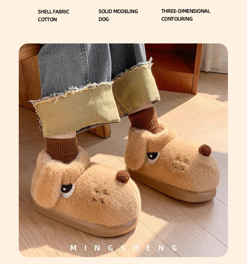 Women's Cute Cartoon Dog Plush Slippers | Fluffy Warm House Shoes