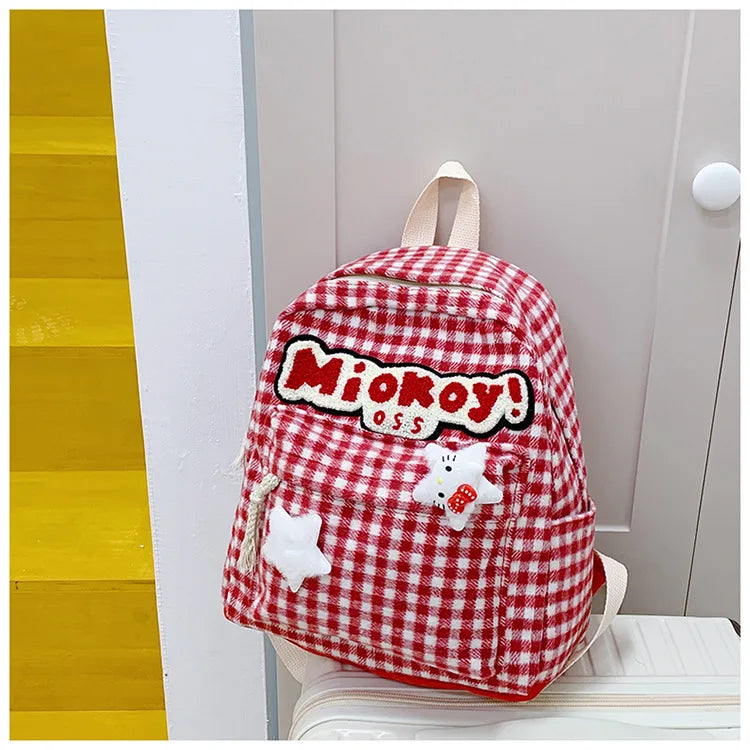 Stylish Girls Red Plaid Backpack | Large Capacity School Bag