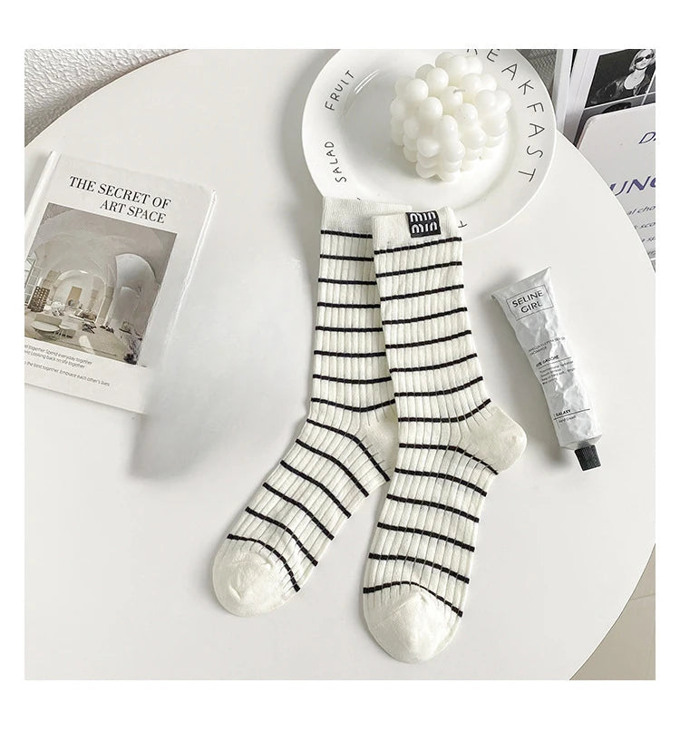 Trendy Striped Mid Tube Socks | Stylish Breathable Casual Wear