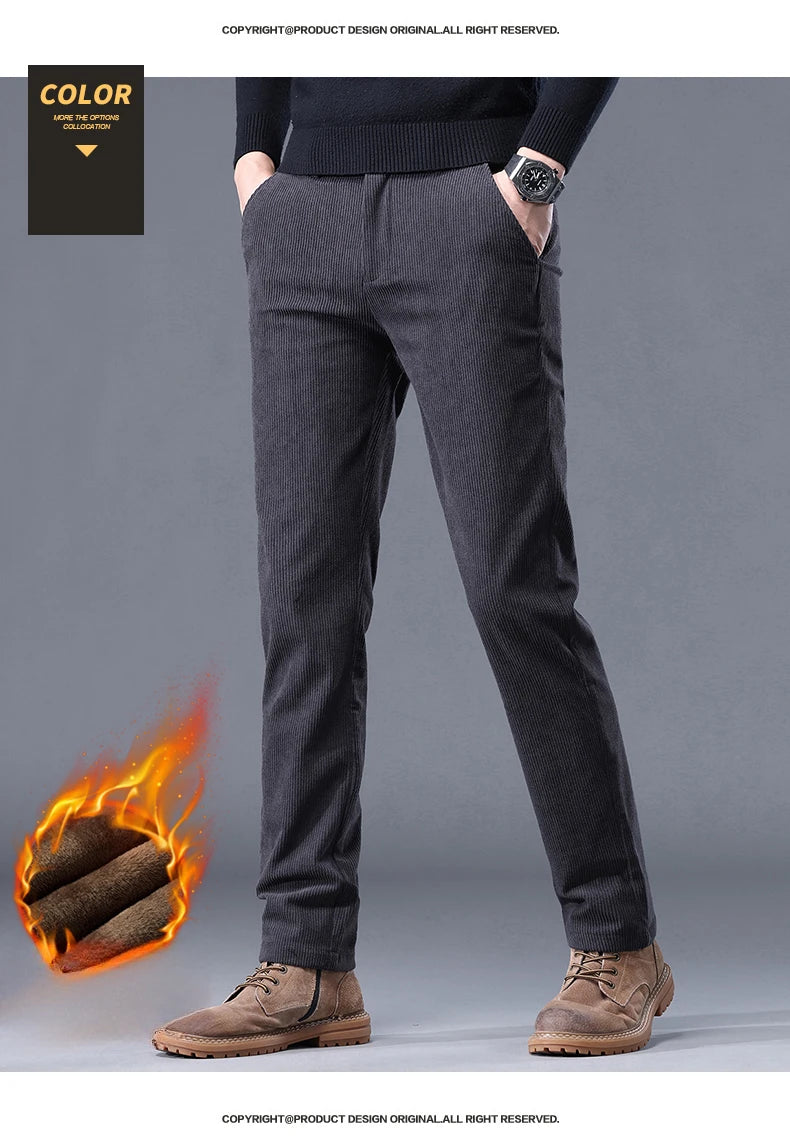 Men's Thick Fleece Corduroy Pants | Winter Warm Business Casual Trousers