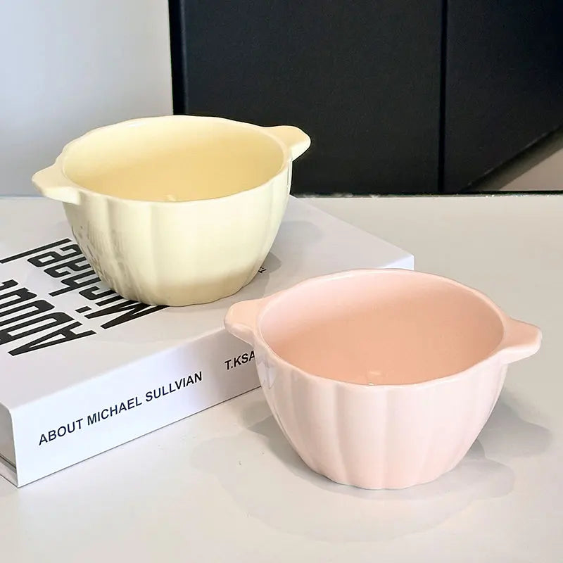 Ceramic Double-Handle Pumpkin Bowl | Versatile Tableware for All Meals