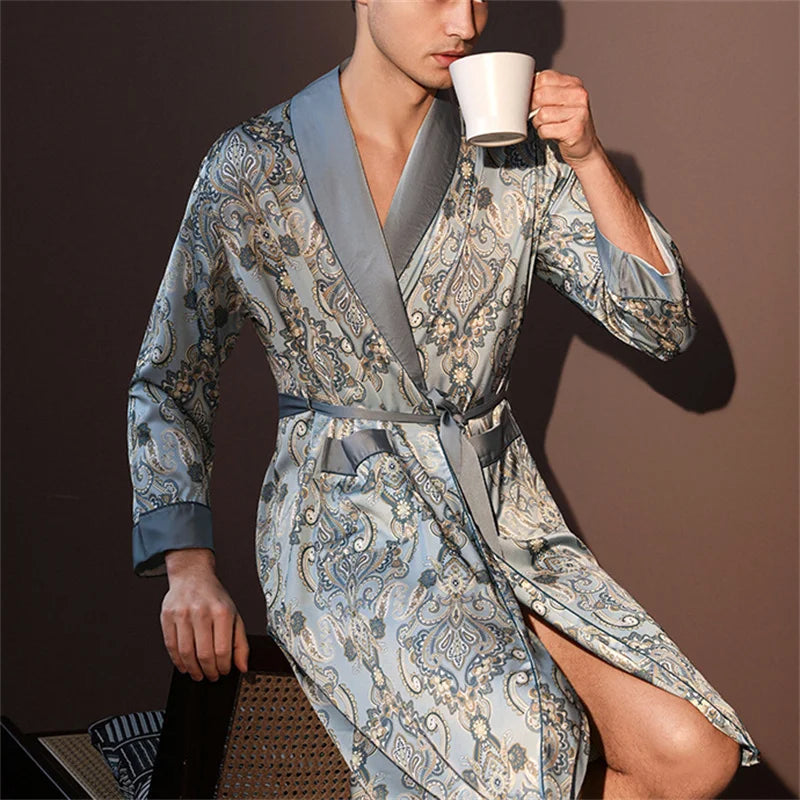 Spring Summer New Mens Robe Printed Bathrobe Kimono Gown Silky Satin Male Sleepwear Night Clothes Loose Casual Homewear Pajama