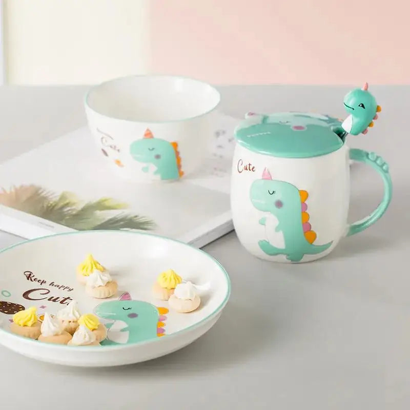 Dinosaur Cartoon Ceramic Mug with Lid & Spoon | Fun Breakfast Cups