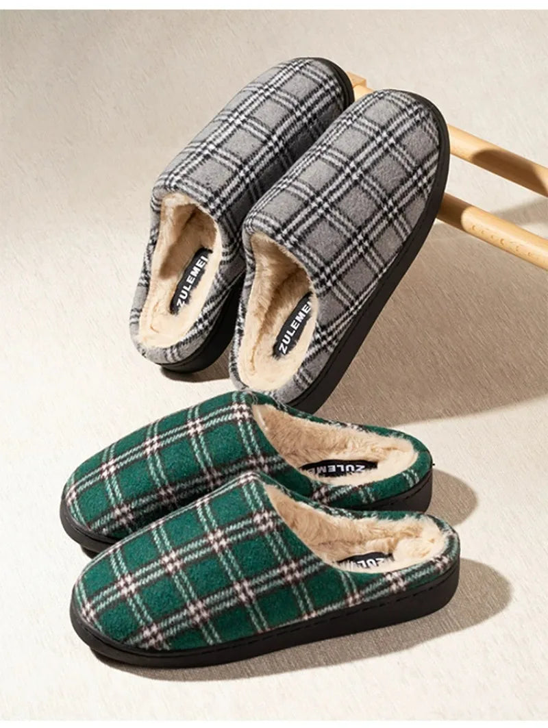 Men's Striped Plaid Fleece Slippers | Warm Cozy House Shoes
