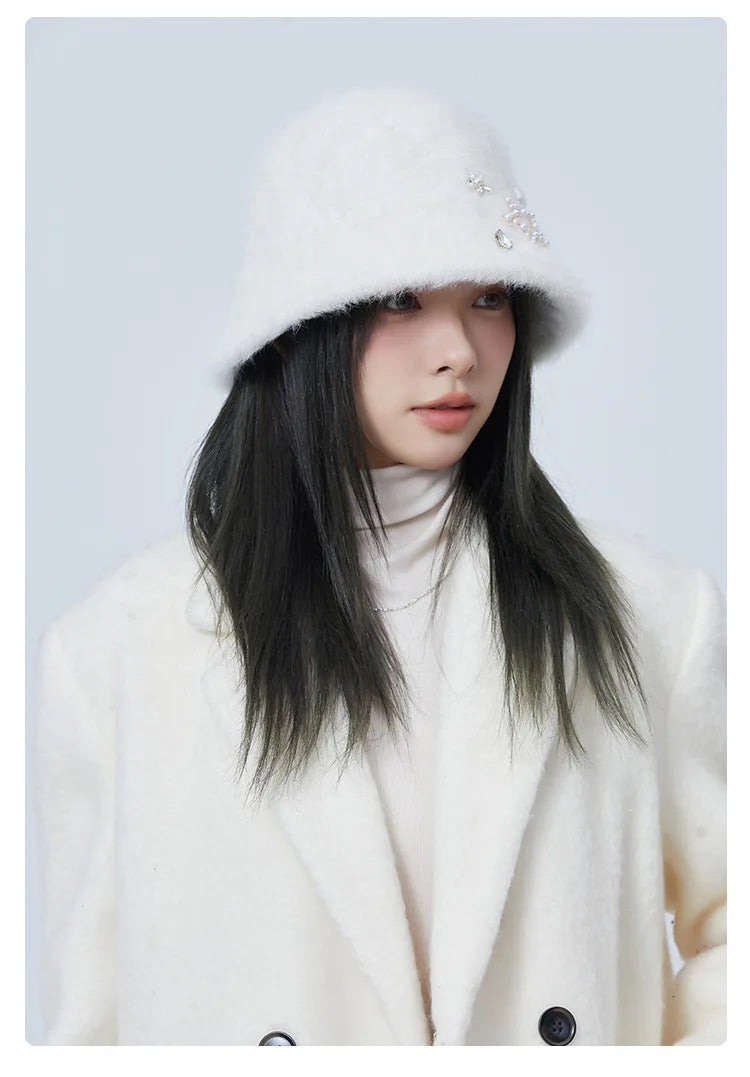Oversized Rhinestone Rabbit Fur Bucket Hat | Stylish Warm Winter Cap