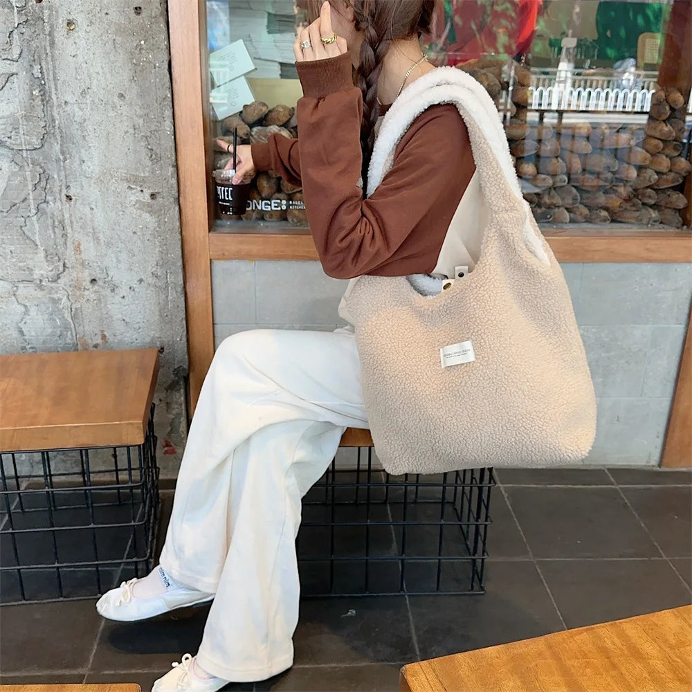 Reversible Plush Shoulder Bag for Women | Warm Fabric Tote