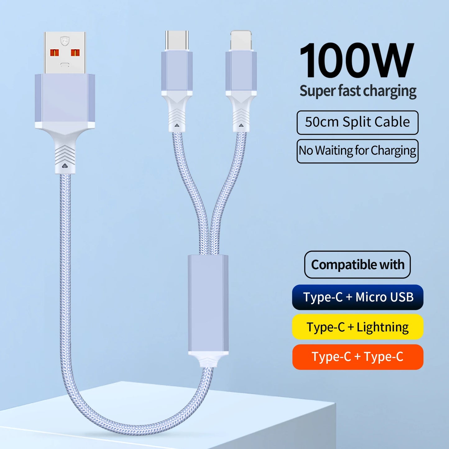 2 in 1 USB Multiple Charger Cable | Fast Charging Nylon Braided Cord