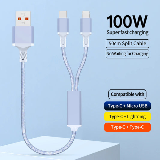 2 in 1 USB Multiple Charger Cable | Fast Charging Nylon Braided Cord