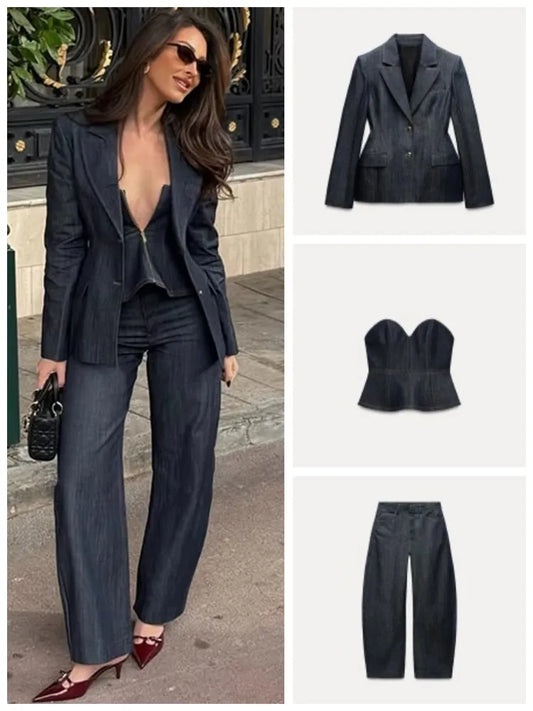 Women’s Retro Denim Vest Suit Jacket & High Waist Pants Set