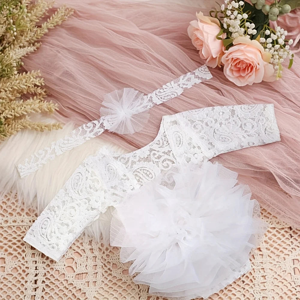 Adorable conjunto de diadema de encaje con flores y pelele para recién nacido para sesiones de fotos