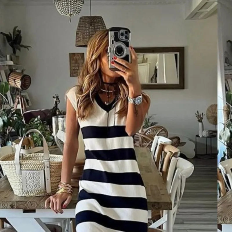 Striped V-Neck Pullover Dress for Women | Casual Summer Style