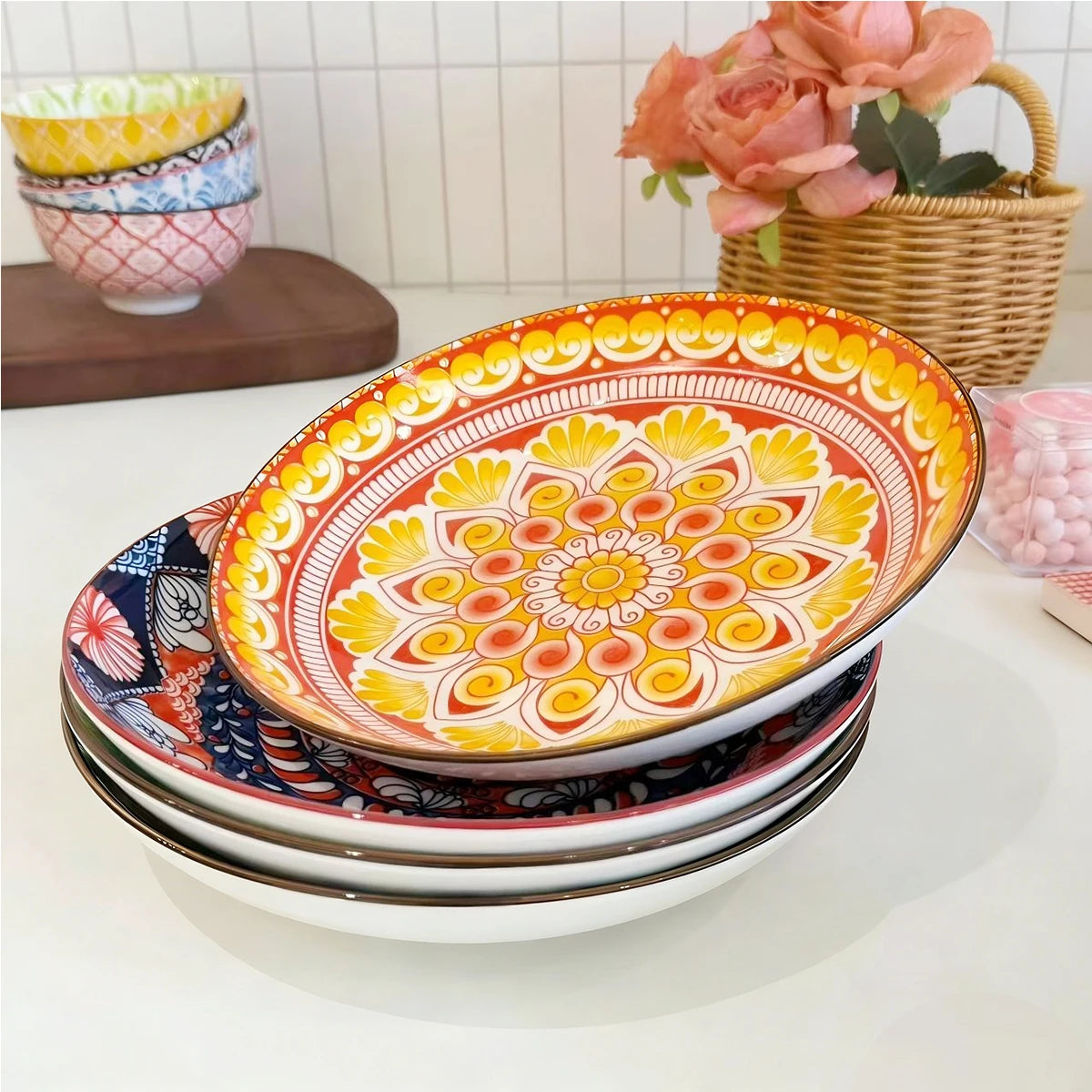 4-Piece Bohemian Ceramic Plate Set | Dishwasher & Microwave Safe