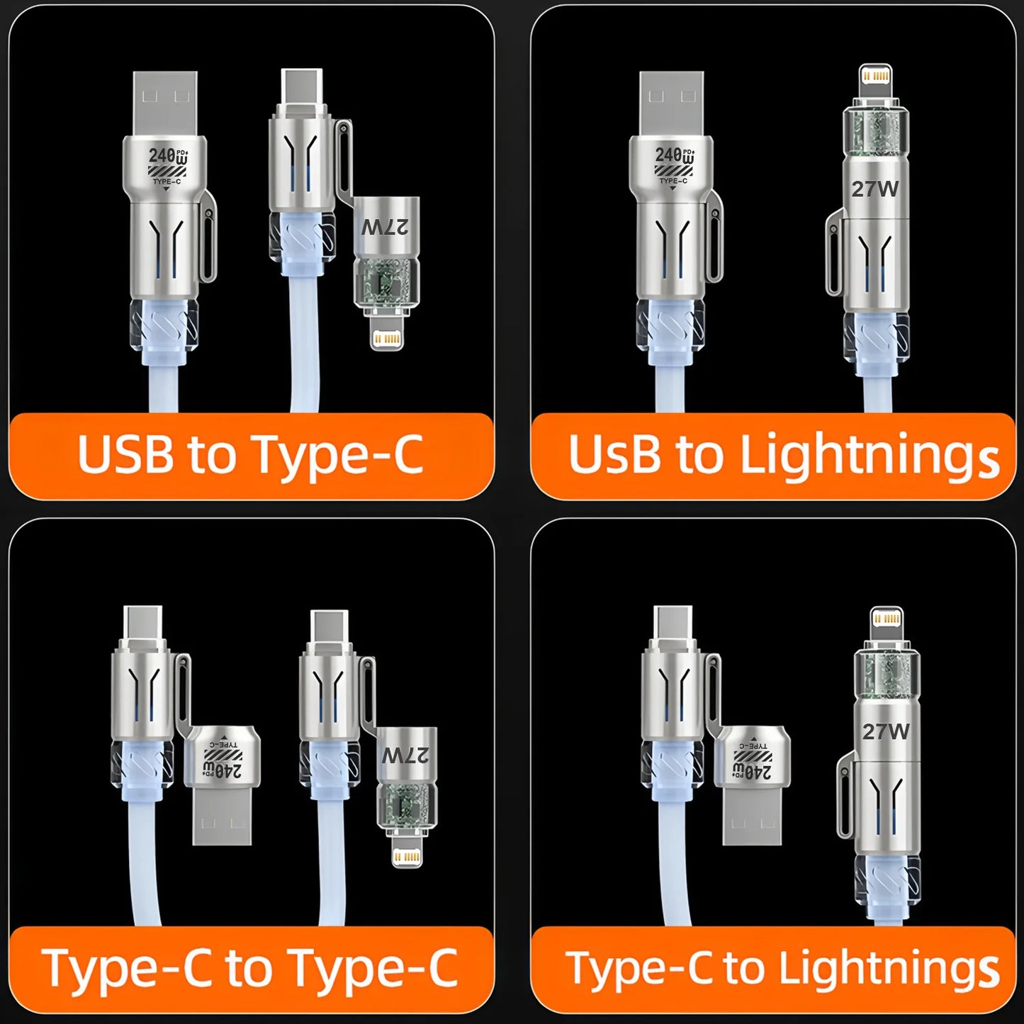 4 in 1 2m240W Spring Short Data Cable 6A USB Type C Spring Telescopic Quick Charger Wire Spring USB Cable for iPhone 15 14 13 12