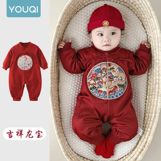 【Youqi】Chinese Baby Autumn Clothes, Pure Cotton Full-Month Celebration Outfit, Red Festive Romper Jumpsuit for 100 Days and First Birthday