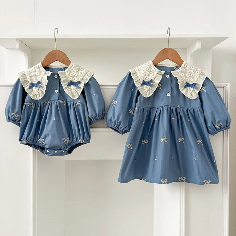 Cute Baby Girls Bow Lace Embroidery Bodysuit & Dress Set