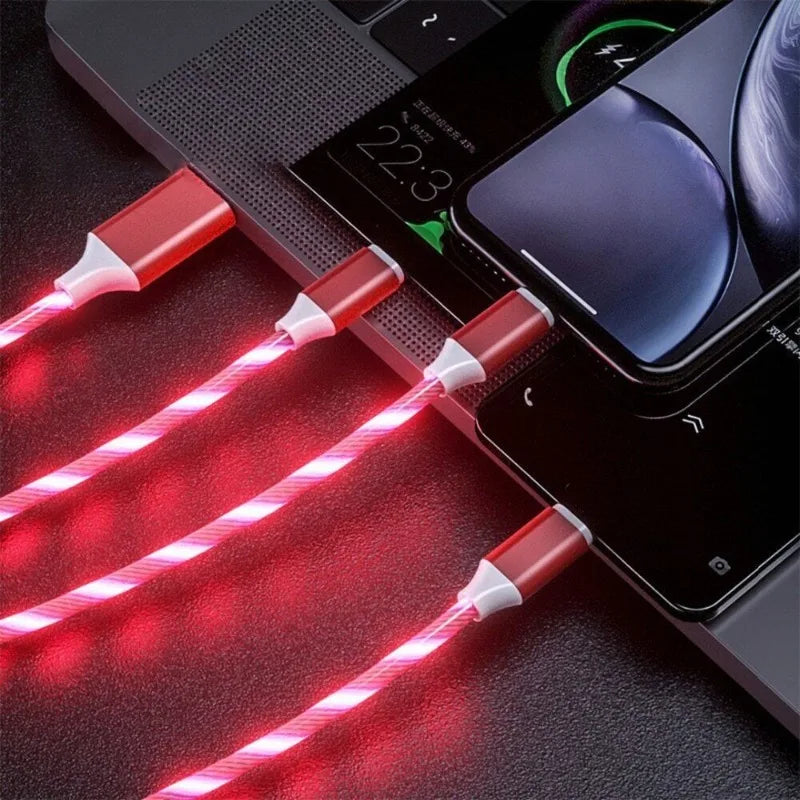 Light Emitting Cable, Mobile Phone Charging Cable, Fast Charging Data Cable, Light Emitting, Suitable for iPhone Micro USB Type C Charger Cable, Three in One LED Fast Charging Cable