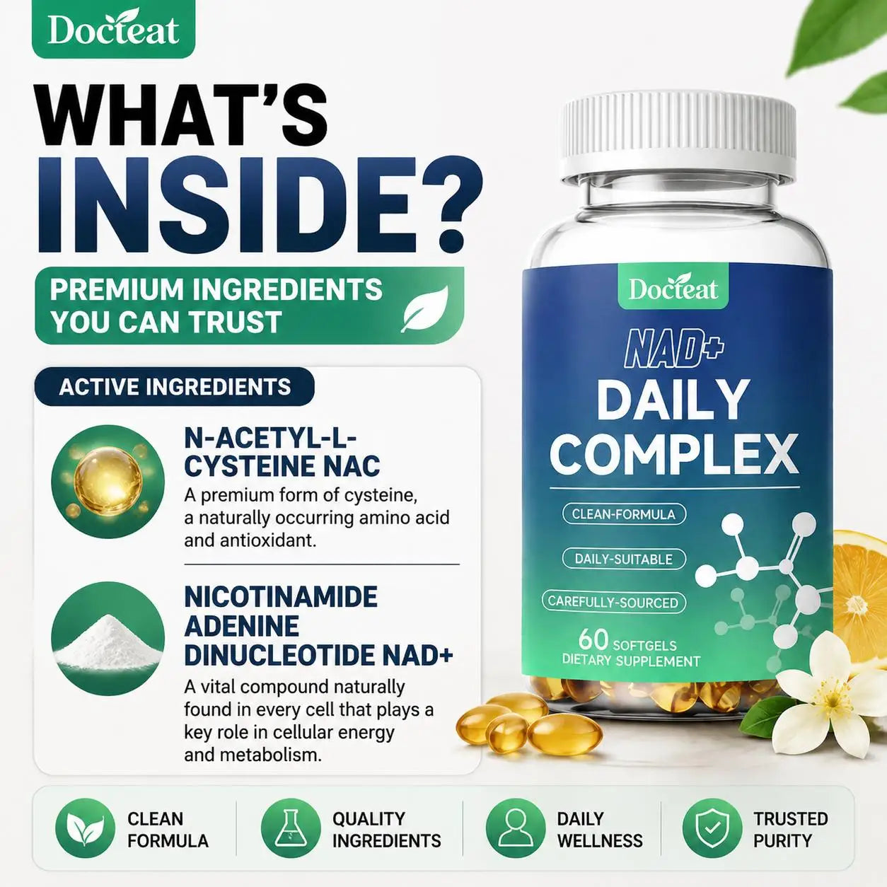 NAD+ and NAC Daily Complex Softgels | Antioxidant Energy Support