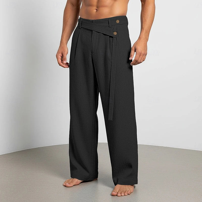 Pantalones casuales de lino para hombre | Elegantes pantalones sueltos de cintura alta