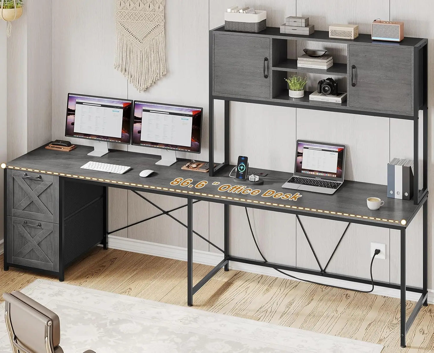 L-Shaped Gaming Desk with LED Lights & Storage Solutions