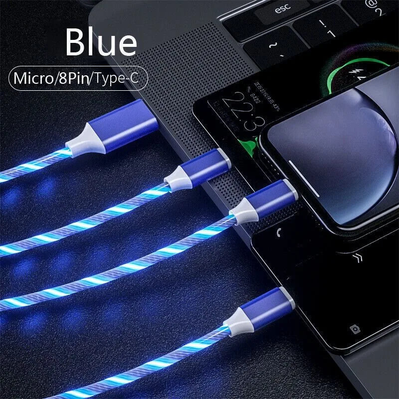 Light Emitting Cable, Mobile Phone Charging Cable, Fast Charging Data Cable, Light Emitting, Suitable for iPhone Micro USB Type C Charger Cable, Three in One LED Fast Charging Cable