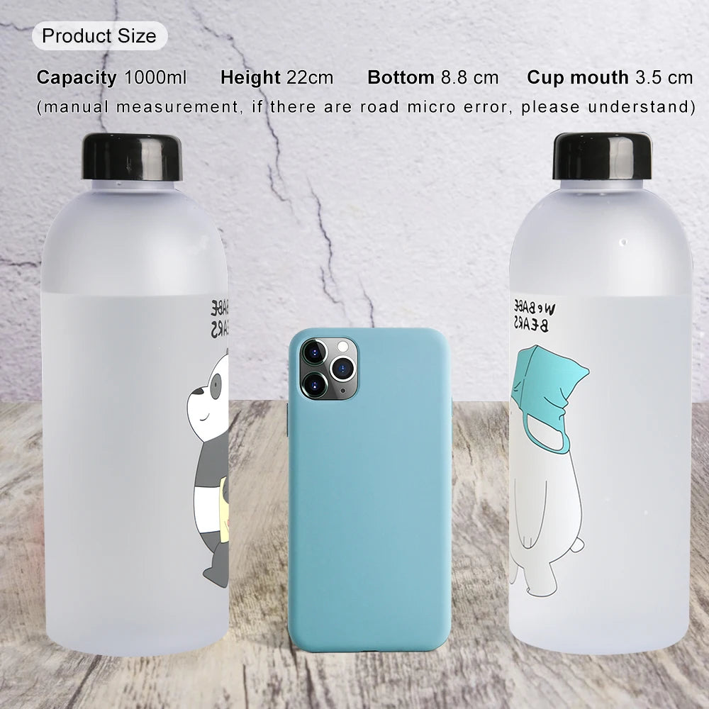 Cute Panda Water Bottle | 1000ml Transparent Frosted Drinkware