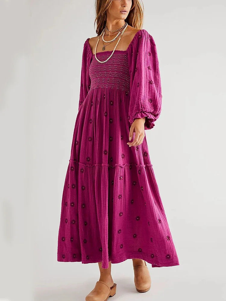 Boho Floral Embroidery Maxi Dress for Women | Casual Fashion