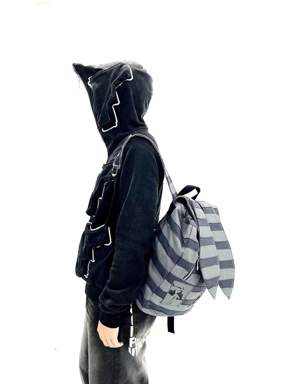 Vintage Striped Rabbit Ear Backpack | Unisex Punk Hip Hop Style