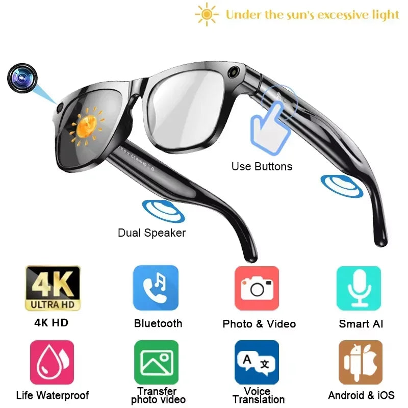 4K Smart Glasses with AI Translation & Video Recording Features