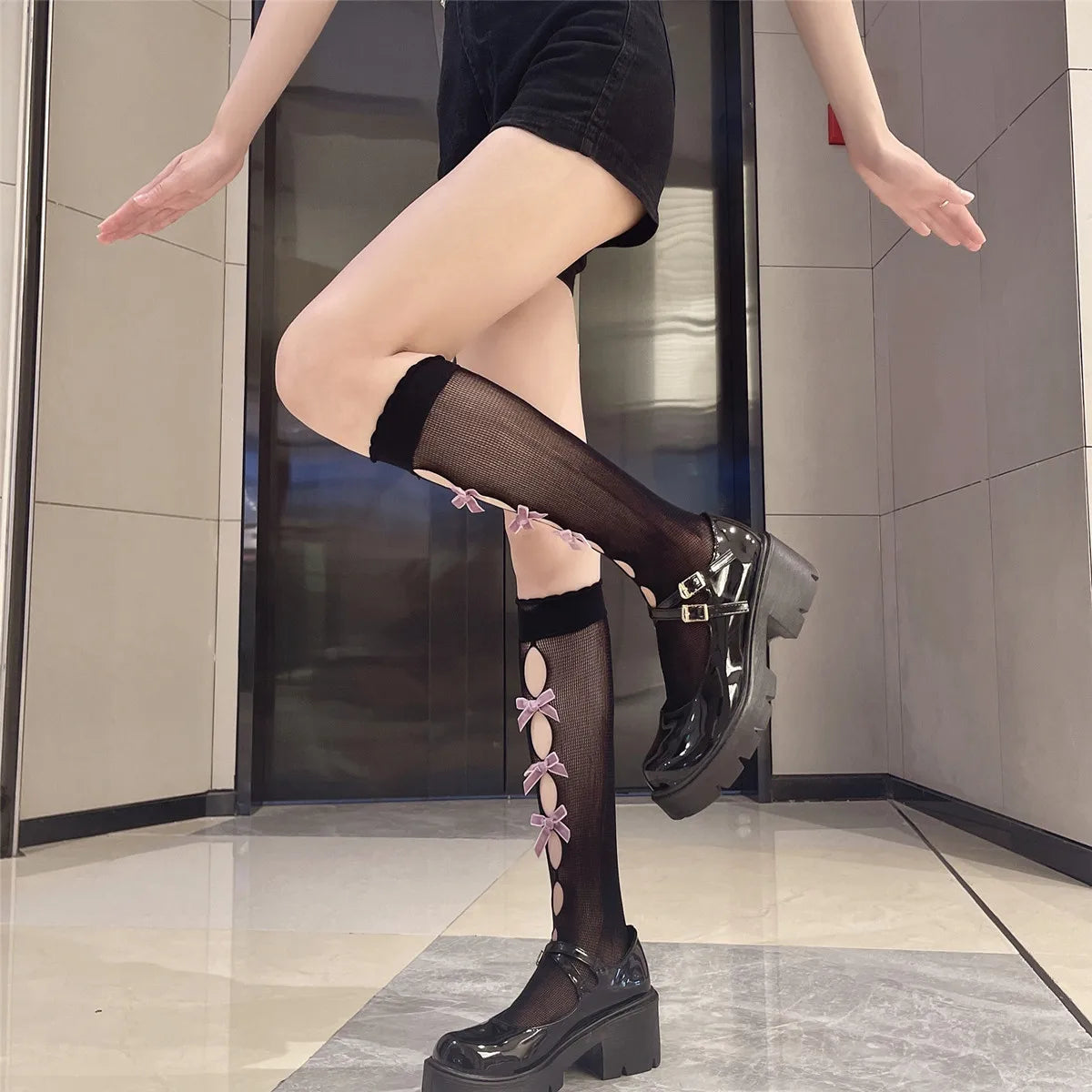 Kawaii Hollow Out Mesh Fishnet Socks | Cute Bow Long Stockings