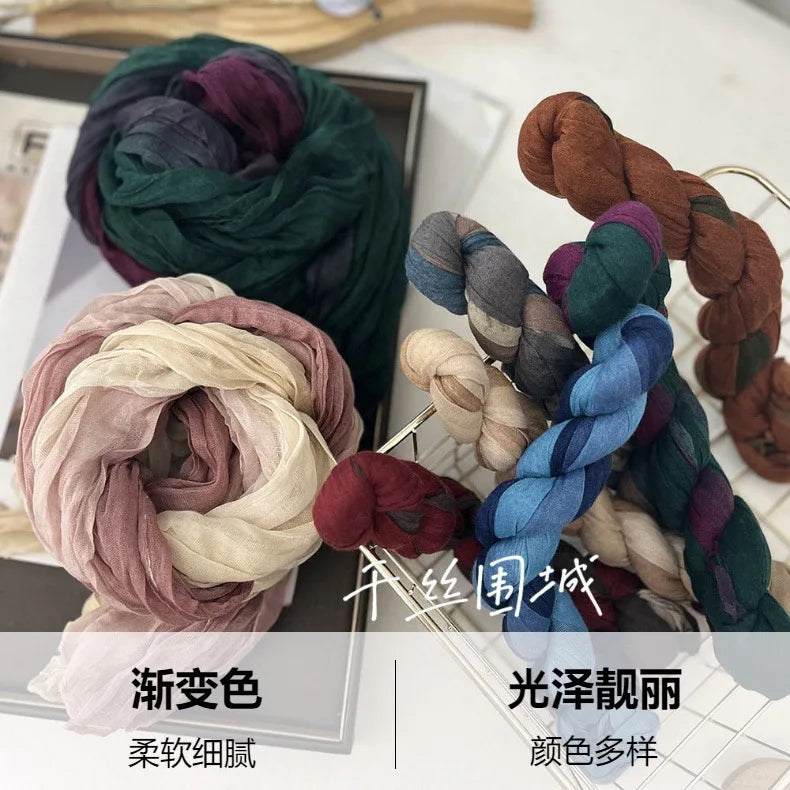 Elegant Women's Long Cotton Hemp Gradient Scarf for Winter Fashion