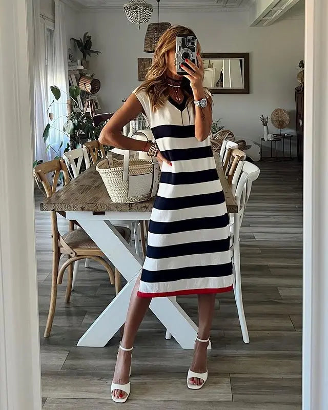 Striped V-Neck Pullover Dress for Women | Casual Summer Style