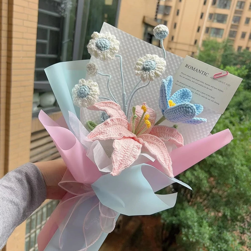 Ramo de Flores Tejido a Crochet a Mano | Elegantes Regalos de Decoración para el Hogar