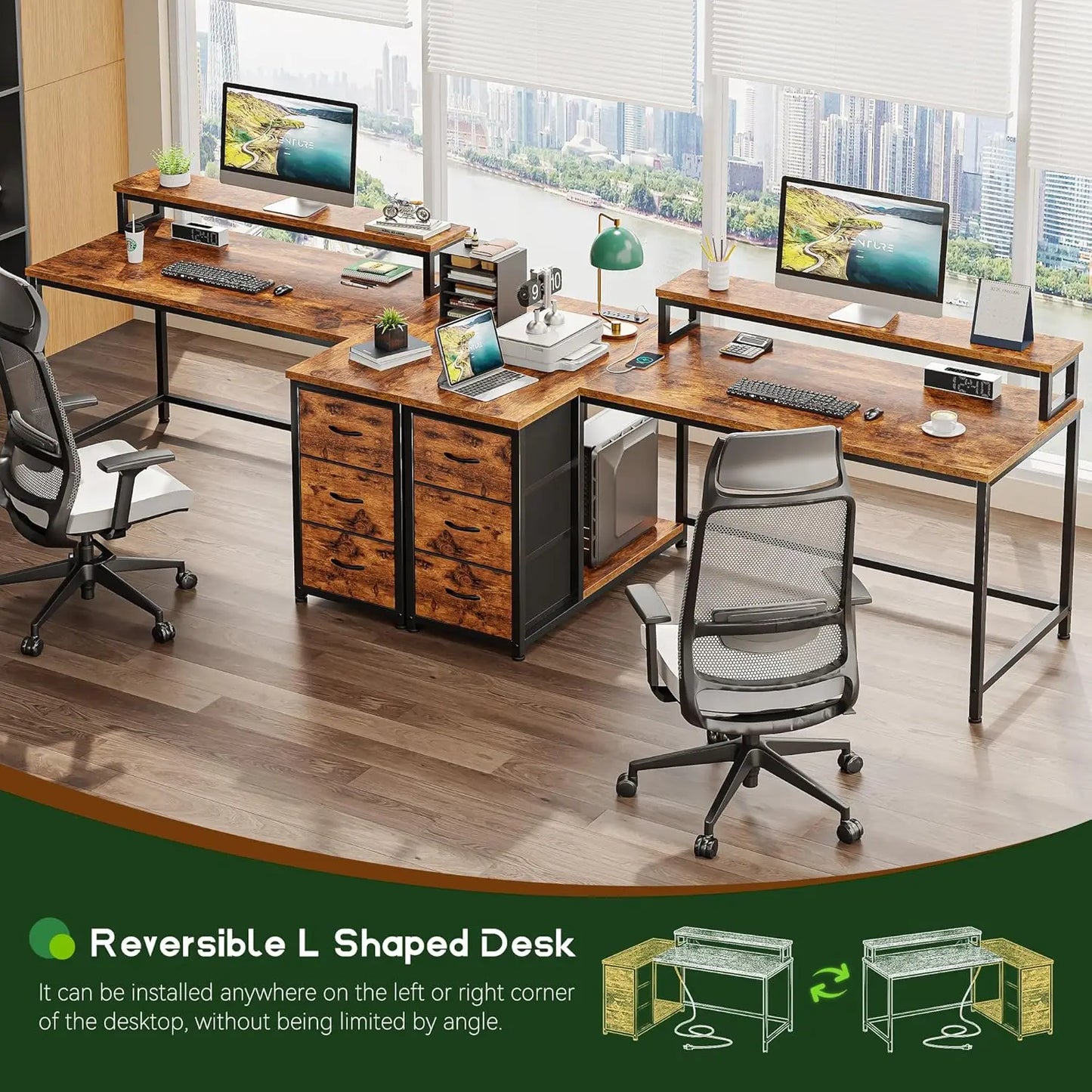 L Shaped Gaming Desk with Monitor Stand & 3 Drawers
