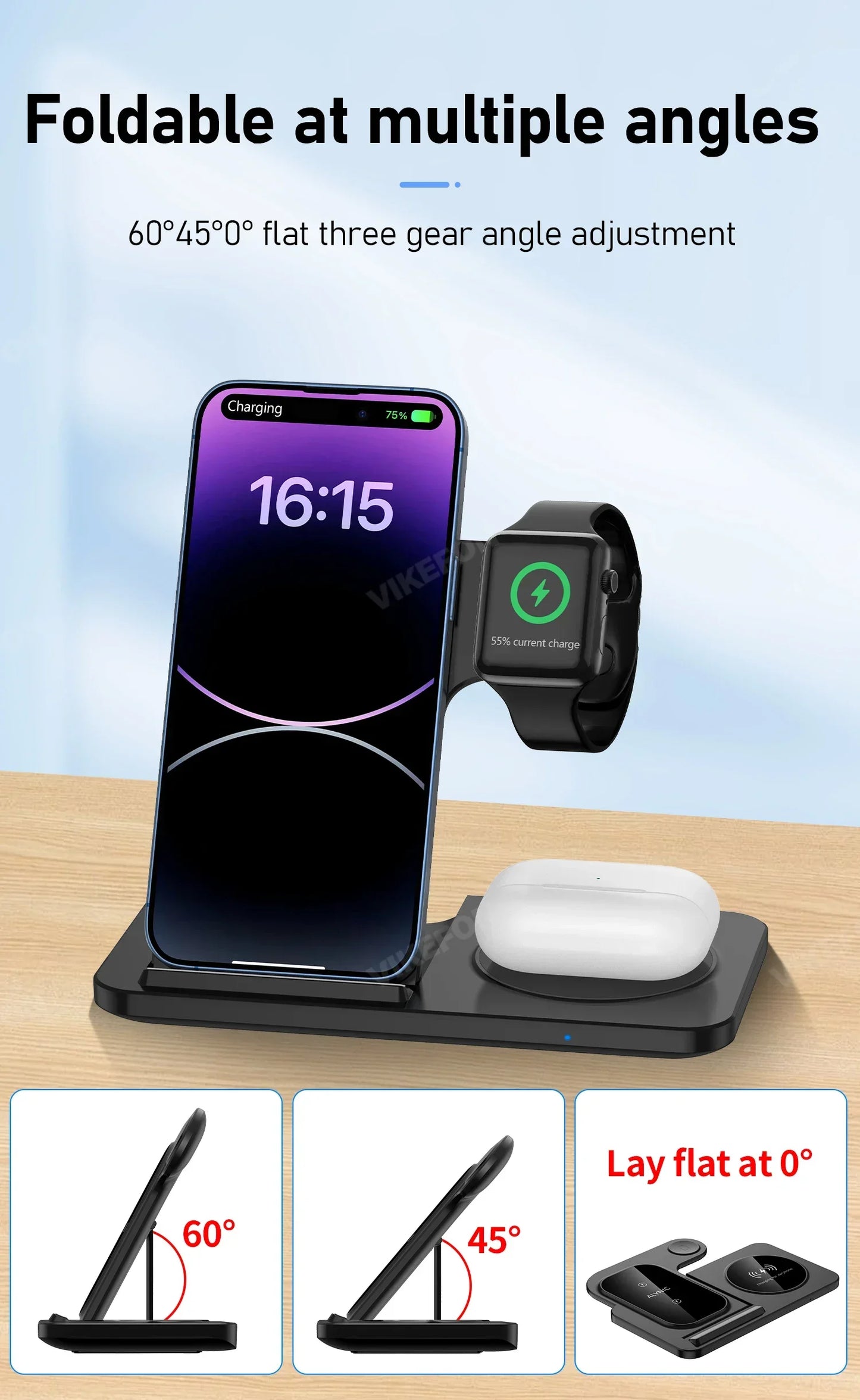 30W Foldable 3-in-1 Wireless Charging Station | Fast Qi Charger