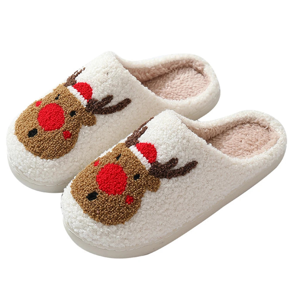 Unisex Christmas Deer Plush Slippers | Cozy Fluffy House Shoes