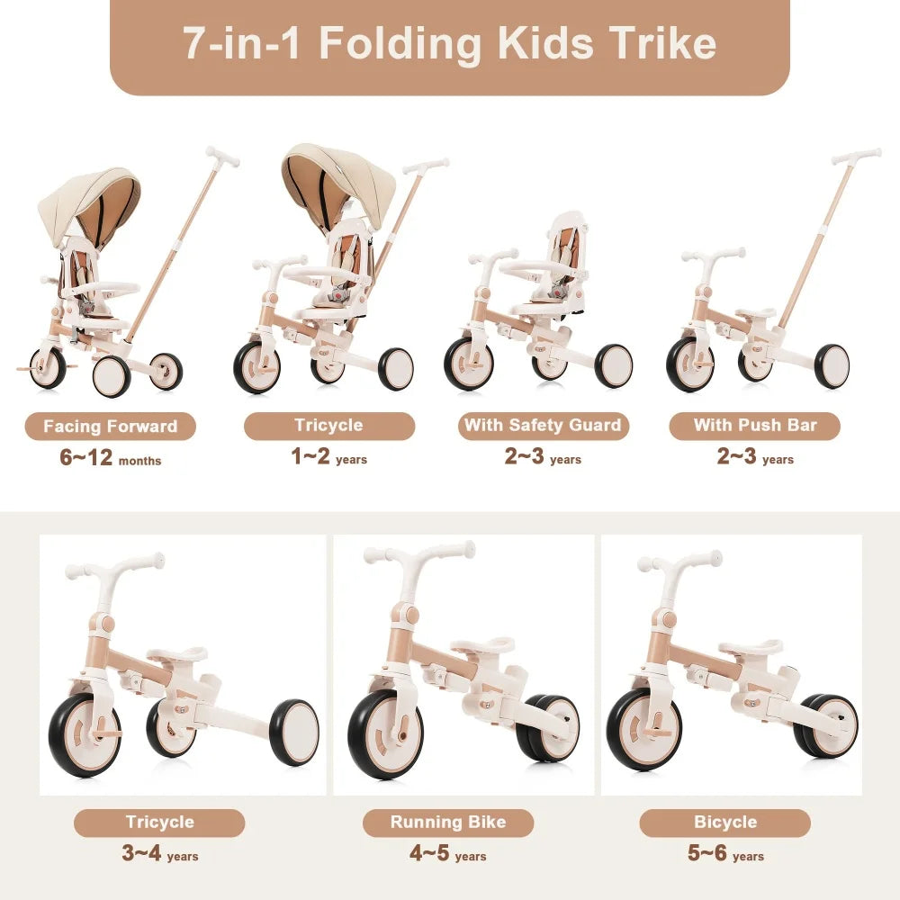 Portable 7-in-1 Toddler Tricycle | Adjustable Handle & Safety Guardrail