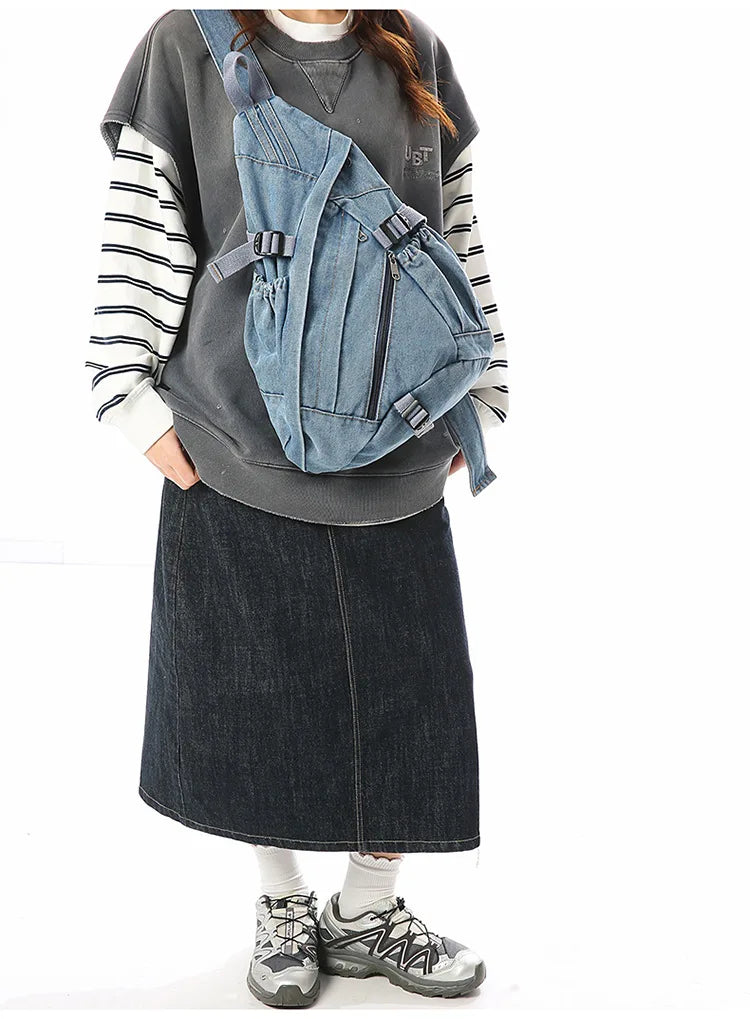 Vintage Washed Denim Sling Bag Man Woman Multifunction Retro Large Capacity Portable Motorcycle Chest Bag