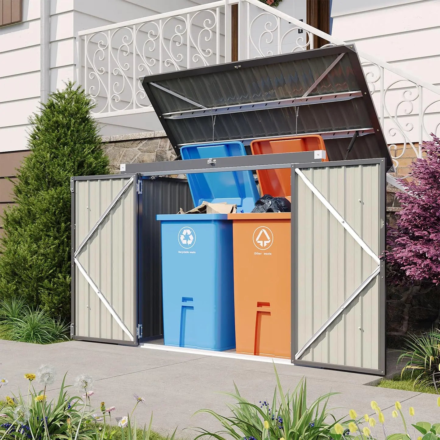 80 cu.ft Metal Outdoor Storage Shed - Waterproof Garbage Can Organizer