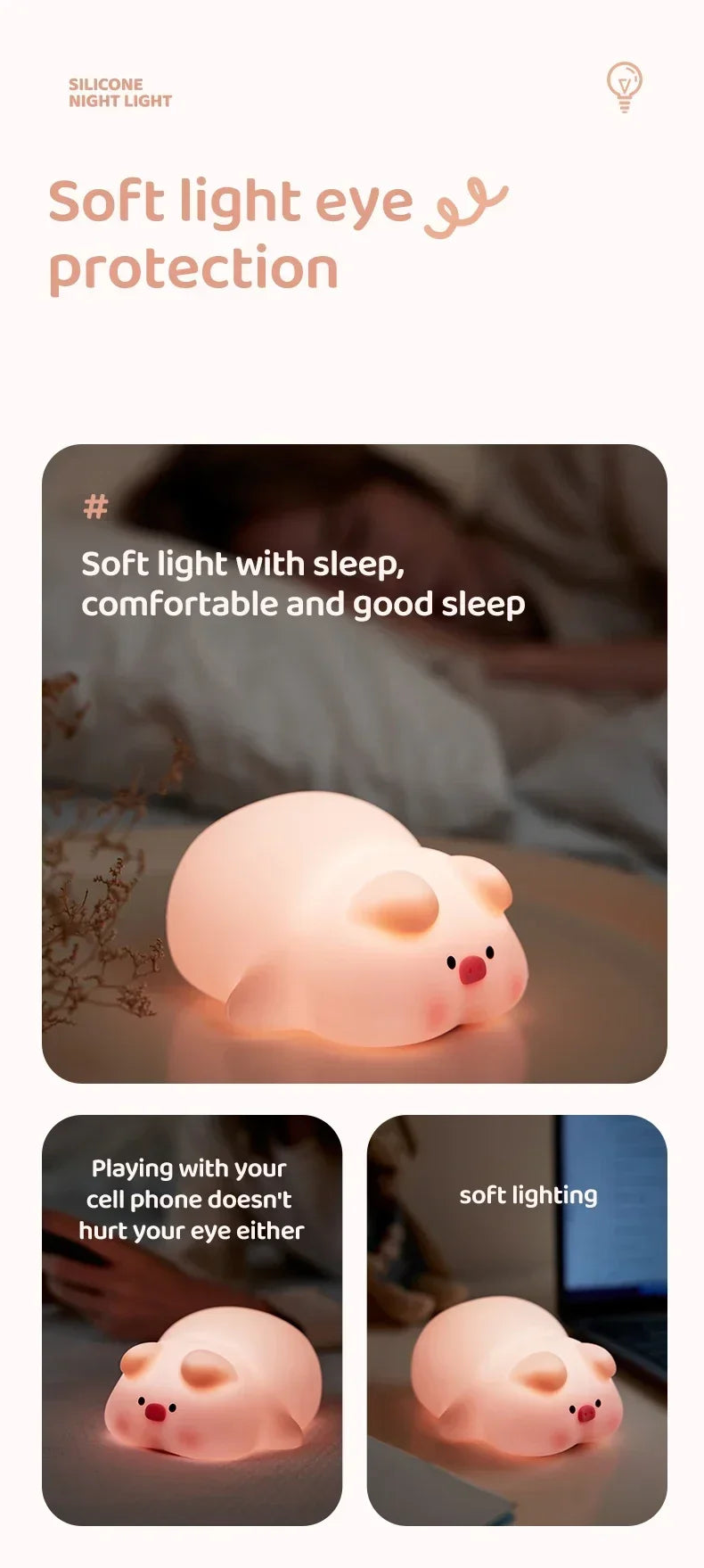 Cute Piggy Bunny Night Light | Soft Silicone Lamp for Kids