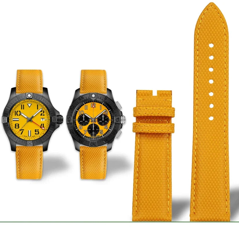 Versatile Yellow Nylon Leather Watch Strap | 22mm Men's Band