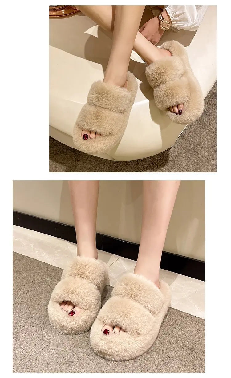 Cozy Plush Fluffy Platform Fur Slippers for Women | Anti-Slip Warmth