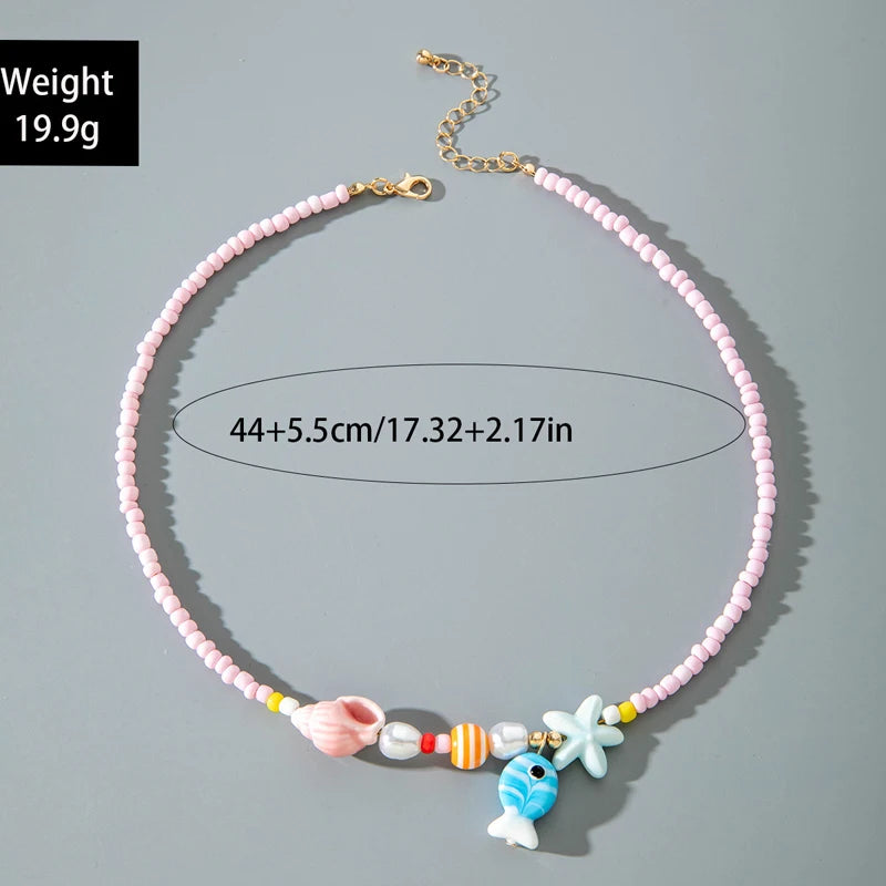 Y2K Boho Acrylic Ceramic Fish Starfish Mushroom Pendant Colorful Bead Choker Necklace For Women Beach Ocean Jewelry Accessories