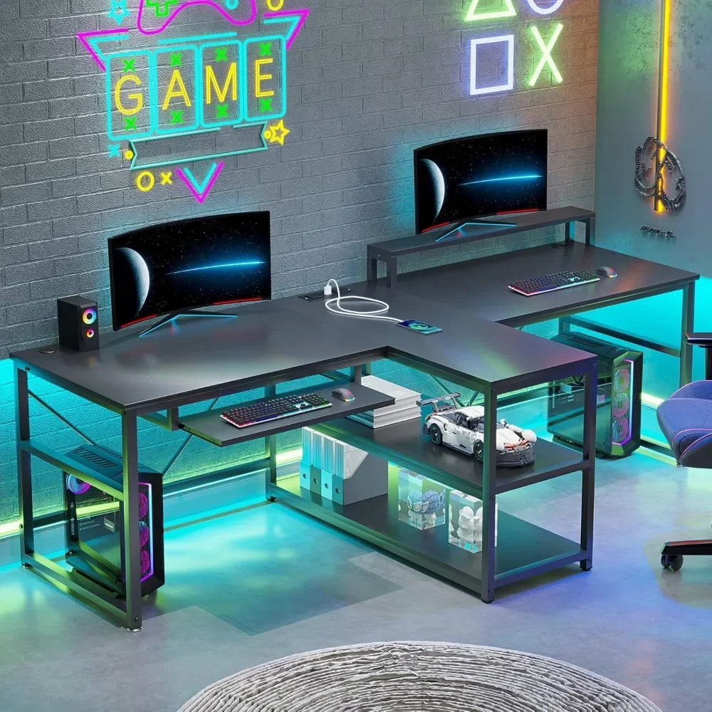 94.5" Dual Person Office Desk with LED Lights & Storage