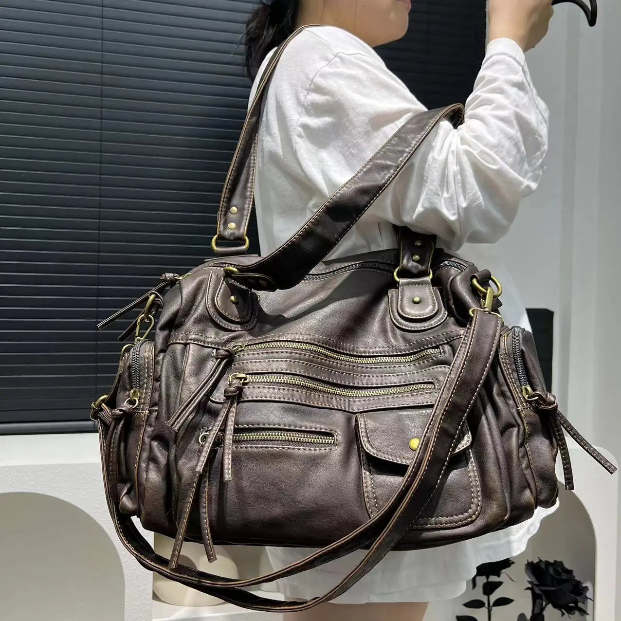 Vintage Washed Leather Crossbody Bag | Large Capacity Multi Pocket