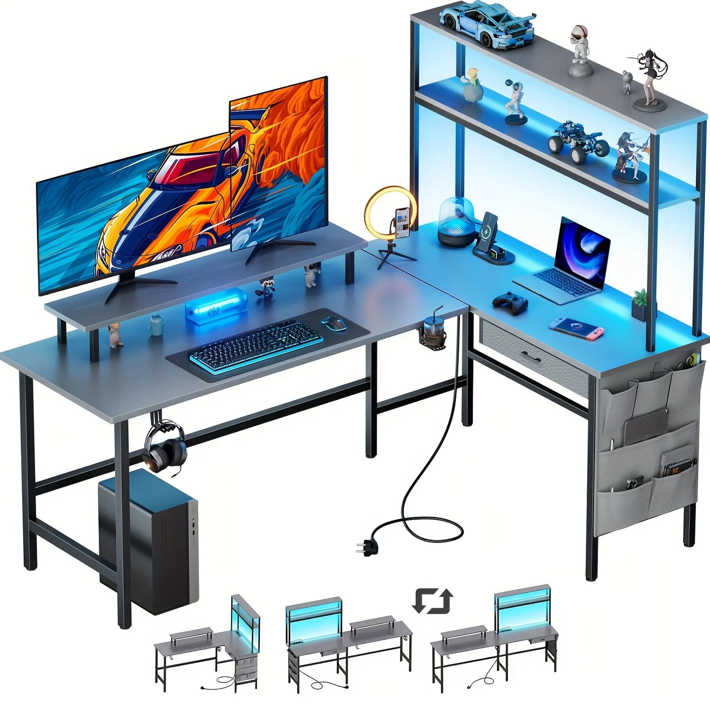 Versatile L Shaped Reversible Computer Desk with LED Lights