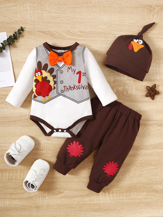 Cute Baby Turkey Print 3-Piece Outfit | Perfect for First Birthdays