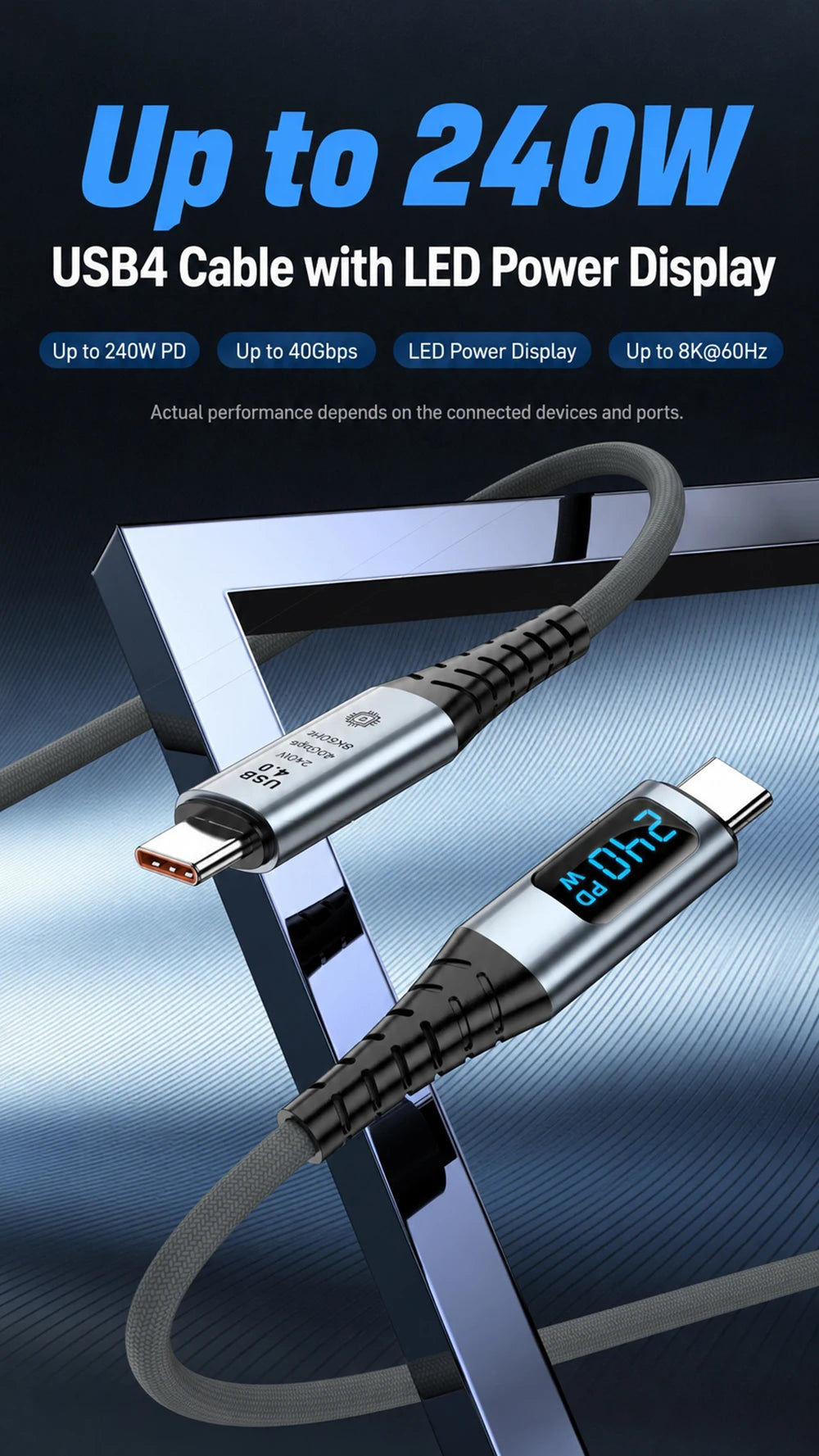 UGOjP USB4 Cable 240W PD Fast Charging with LED Display 40Gbps Data Transfer USB C to C Data Cable for Laptop Phone Tablet
