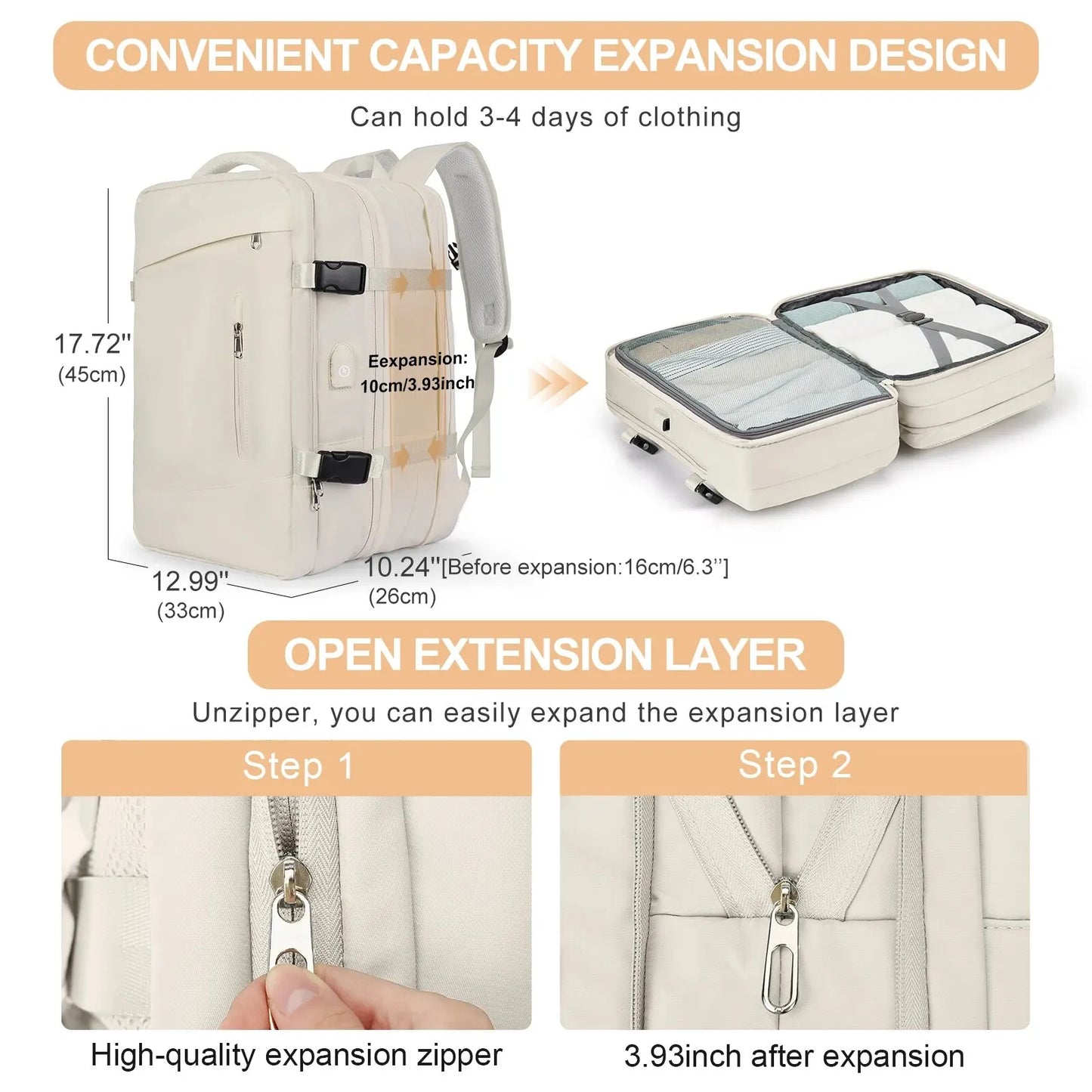 Expandable Women's Travel Backpack | Waterproof Hiking Laptop Bag